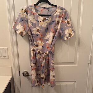 Floral Print Mini Dress in Purple and Cream